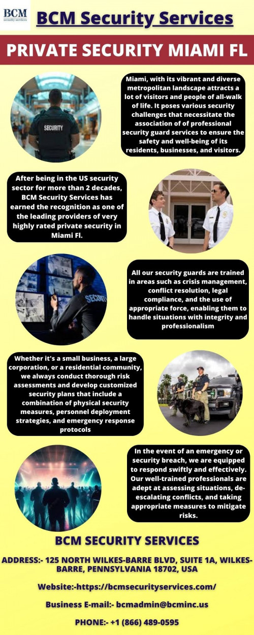 After being in the US security sector for more than 2 decades, BCM Security Services has earned the recognition as one of the leading providers of very highly rated private security in Miami Fl. Our highly efficient professional services offer a comprehensive range of benefits that go beyond mere deterrence, ensuring peace of mind and a secure environment for all.