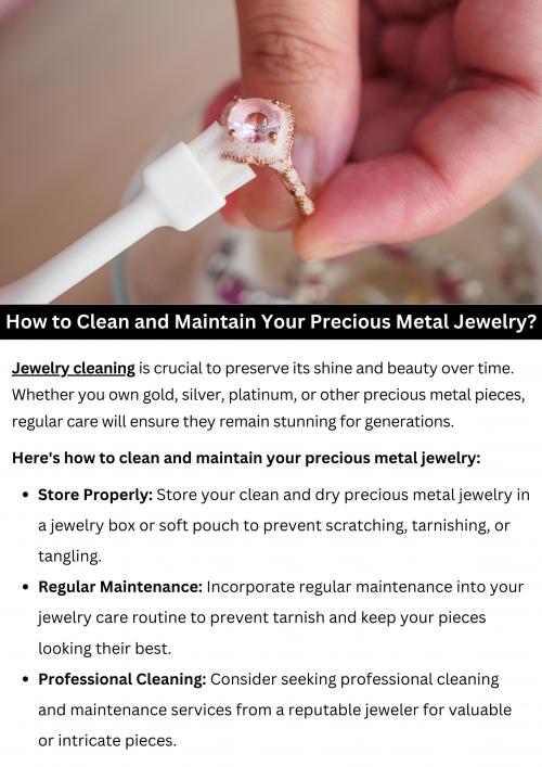 To clean and maintain precious metal jewelry, create a solution of mild soap and warm water. Soak the jewelry briefly, then gently scrub with a soft-bristled brush. Rinse and pat dry with a clean cloth. Store pieces separately to prevent scratching and tarnishing. Periodically inspect clasps and settings for wear, seeking professional repair if needed. With regular care, your precious metal jewelry will retain its luster and beauty. To know more visit here https://www.futerbrosjewelers.com/services/cleaning-and-inspection