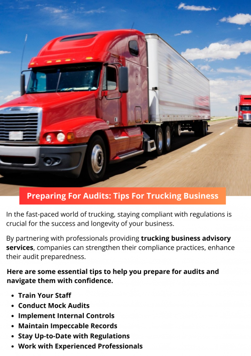 Preparing for audits is an essential aspect of running a successful trucking business. By maintaining impeccable records, staying up-to-date with regulations, implementing internal controls, training your staff, working with experienced professionals, conducting mock audits, and demonstrating transparency and cooperation, you can navigate audits with confidence and minimize the risk of non-compliance issues. To know more visit here https://www.truckersprocpa.ca/trucking-business-advisory-services