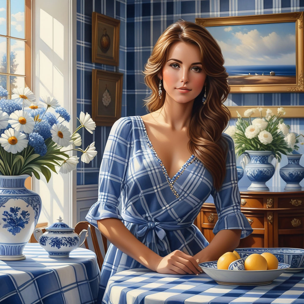 a beautiful woman in a blue and white plaid dress with brown hair on the background of a beautiful i