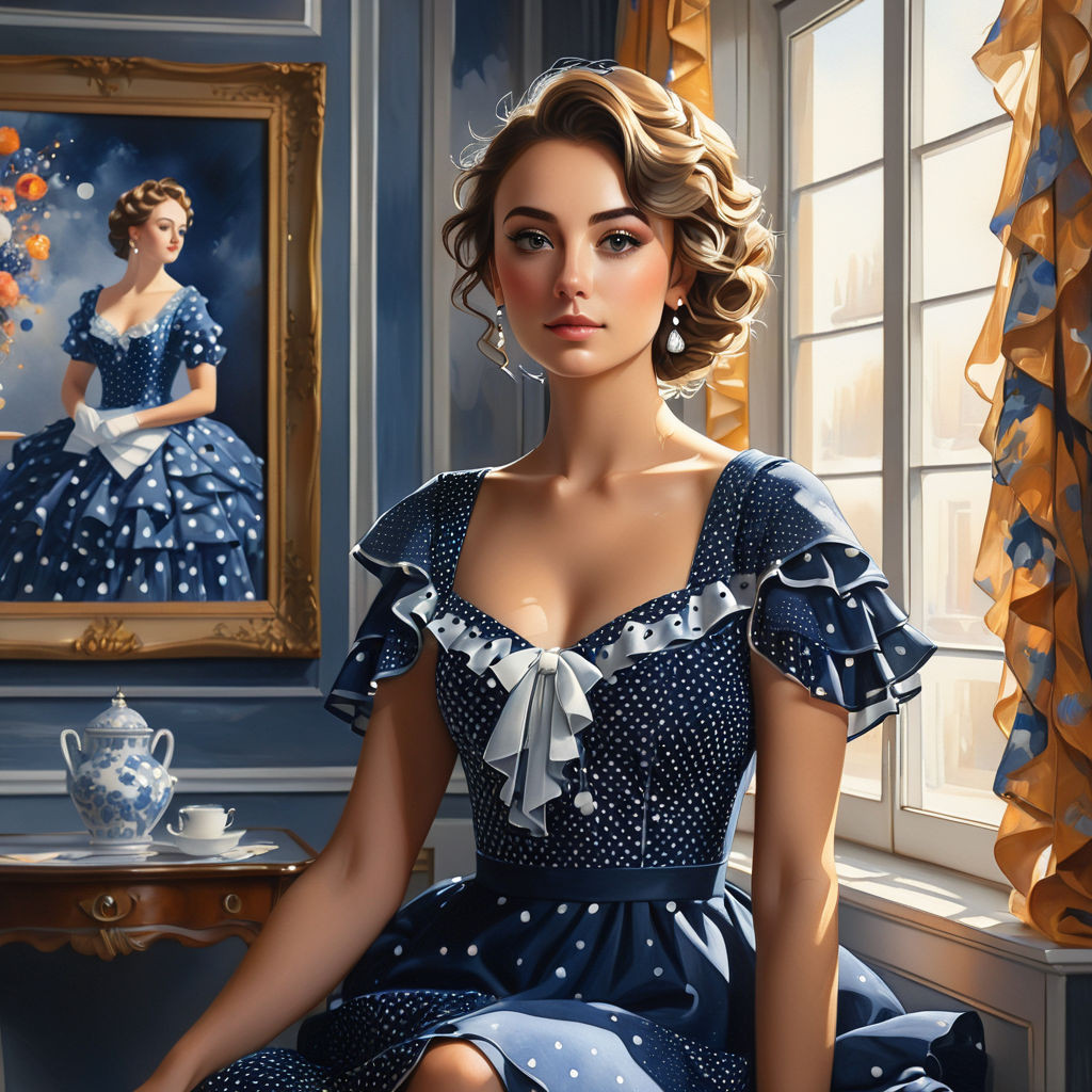 a beautiful woman in a beautiful dark blue dress with white polka dots with small ruffles against t 