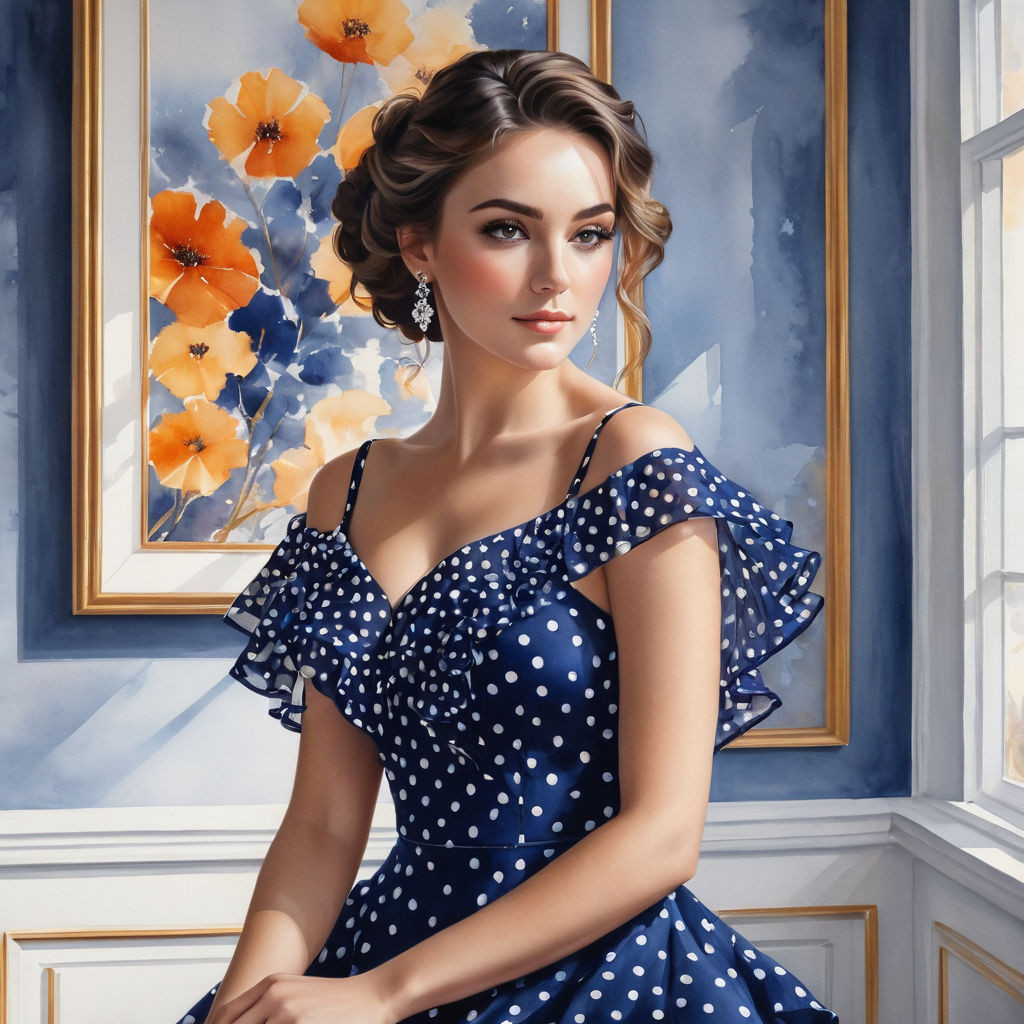 a beautiful woman in a beautiful dark blue dress with white polka dots with small ruffles against t