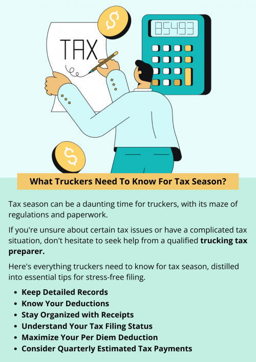 Navigating tax season as a trucker doesn't have to be overwhelming. By understanding your tax obligations, keeping detailed records, maximizing deductions, and utilizing technology, you can streamline the tax filing process and ensure compliance with IRS regulations. Stay proactive, stay organized, and don't hesitate to seek assistance when needed. With these essential tips, you'll be well-equipped to tackle tax season with confidence and ease. To know more visit here https://www.truckersprocpa.ca/trucking-tax-planning-preparation-services