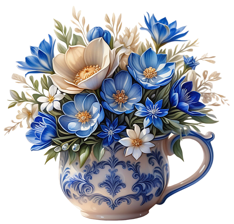 a beautiful little bouquet in a beautiful mugin beige and blue tones white background hyperrealis (4