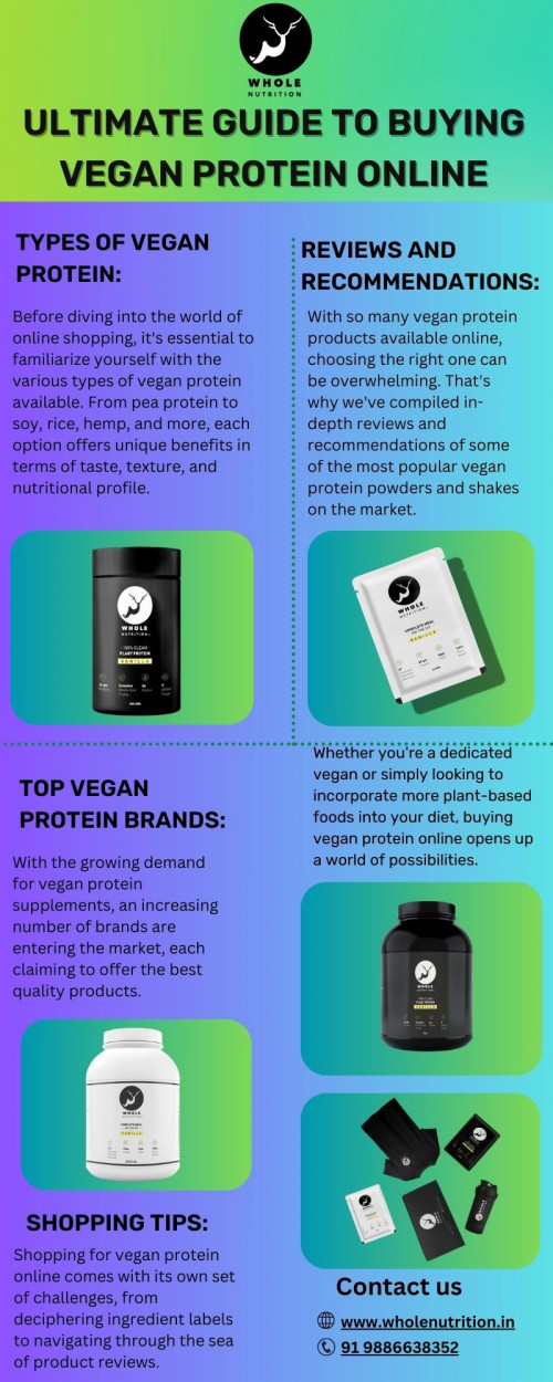 Are you looking for high-quality vegan protein powder? Look no further than Whole Nutrition! Our online store offers a wide range of premium vegan protein powders to fuel your active lifestyle. We have options from pea protein to soy to suit every taste and dietary need. With our commitment to quality and customer satisfaction, you can trust us to provide you with the best vegan protein products. Buy vegan protein online today and take your health and fitness to the next level! 

Visit our website: https://www.wholenutrition.in/products/buy-vegan-protein-powder