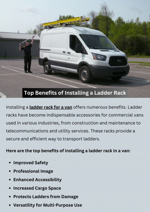 Installing a ladder rack for a van offers numerous benefits. It maximizes cargo space, enhances safety by securely storing ladders, and protects equipment from damage. The rack improves accessibility, versatility, and professionalism, while also ensuring compliance with regulations. Overall, it streamlines operations, boosts efficiency, and contributes to a positive brand image for businesses across various industries. To know more visit here https://commercialvansolutions.com/van-ladder-racks/