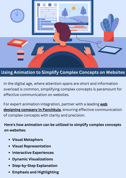 Animation offers a dynamic tool for simplifying intricate concepts on websites. By visually illustrating processes or ideas through motion, users grasp complex information more easily. Utilize animations strategically to guide users through navigation or highlight key points, enhancing engagement and comprehension. Thoughtfully integrating animations can transform dense content into digestible, engaging experiences, making websites more accessible and user-friendly. To know more visit here https://singhimarketingsolutions.com/web-designing-services/panchkula/