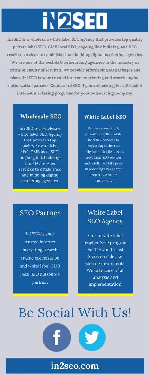 In2SEO is a wholesale white label SEO Agency that provides top quality private label SEO, GMB local SEO, ongoing link building, and SEO reseller services to established and budding digital marketing agencies. We are one of the best SEO outsourcing agencies in the industry in terms of quality of services. We provide affordable white label SEO packages and plans. In2SEO is your trusted internet marketing and search engine optimization partner. Contact In2SEO if you are looking for affordable internet marketing programs for your outsourcing company. Visit here : https://in2seo.com/