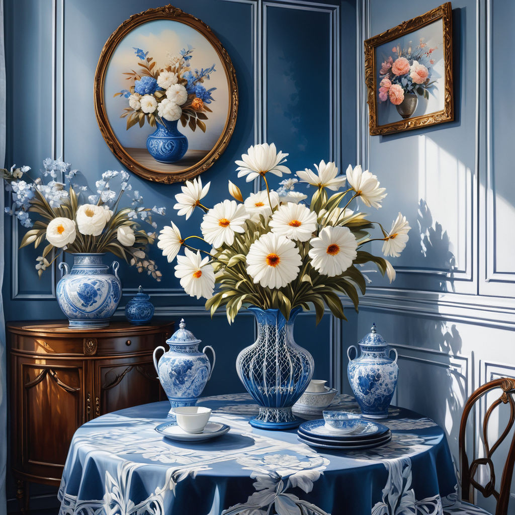 a beautiful interior in white and blue tones in a blue cagea round table with a beautiful tableclot 