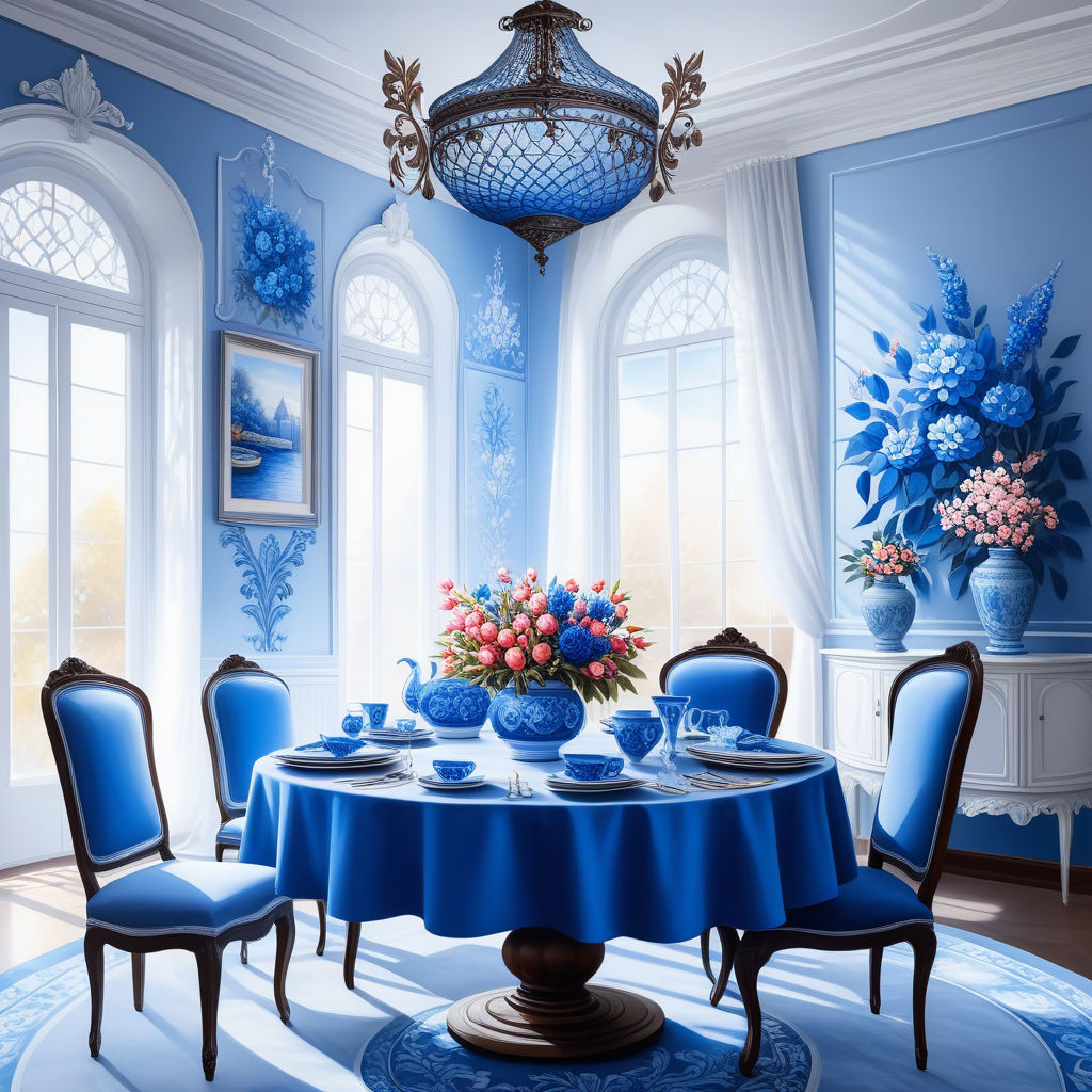 a beautiful interior in white and blue tones in a blue cagea round table with a beautiful tableclot 