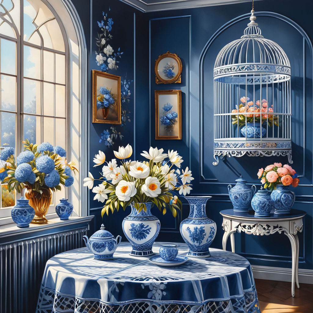 a beautiful interior in white and blue tones in a blue cagea round table with a beautiful tableclot 