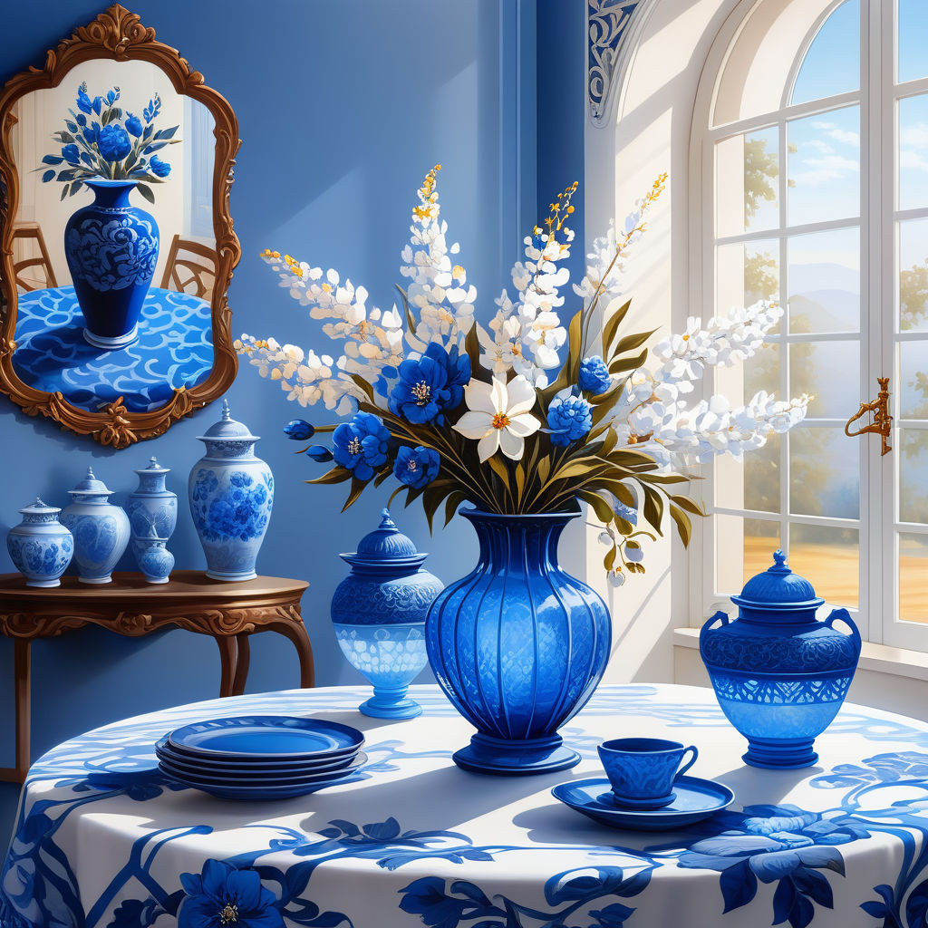 a beautiful interior in white and blue tones in a blue cagea round table with a beautiful tableclot 