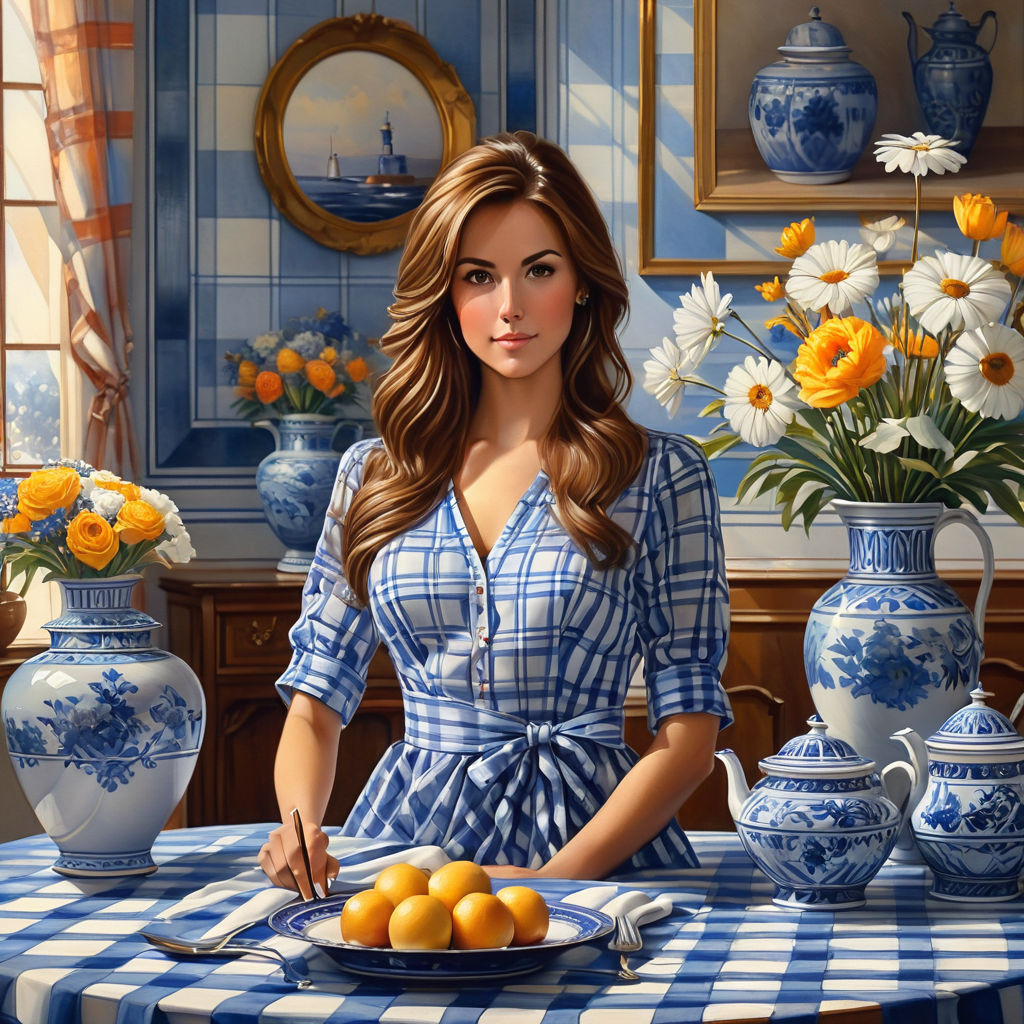 a beautiful woman in a blue and white plaid dress brown hair a beautiful interior in blue and whit (