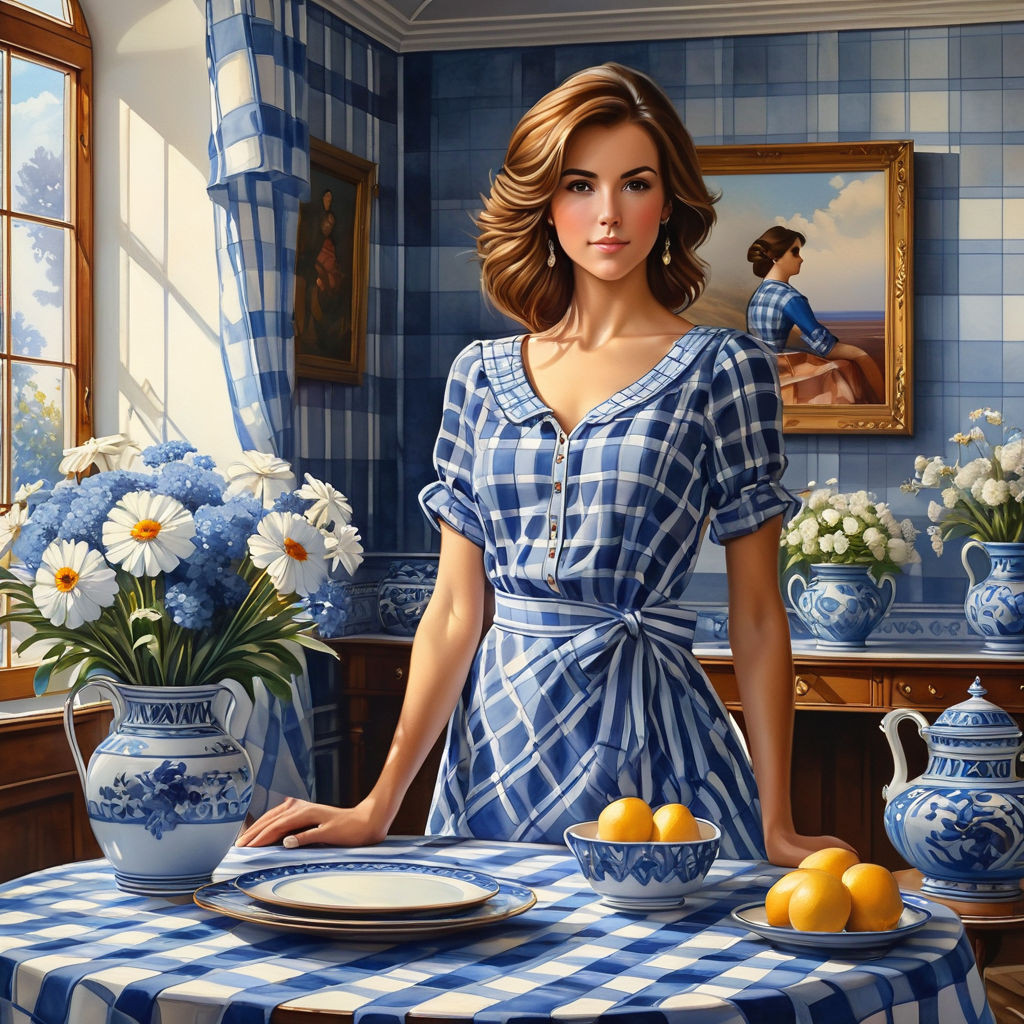 a beautiful woman in a blue and white plaid dress brown hair a beautiful interior in blue and whit (