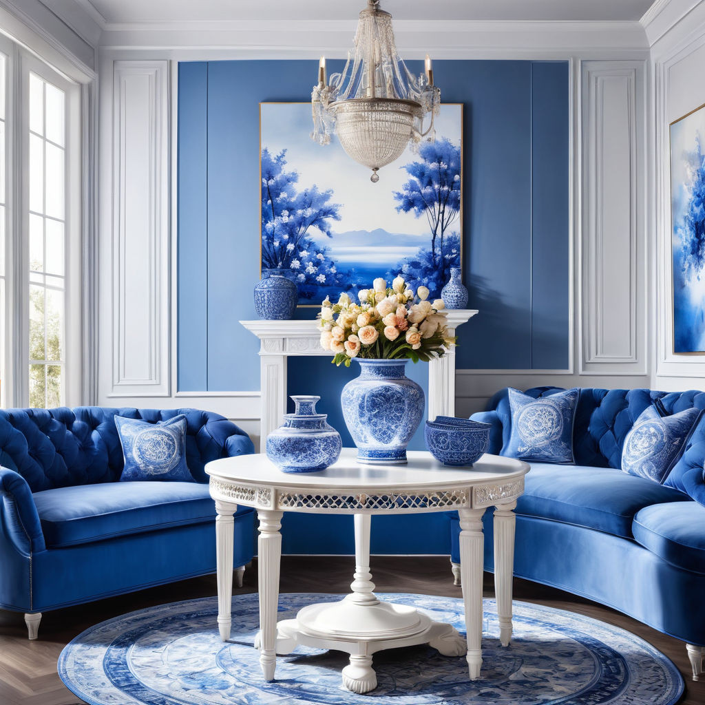 a beautiful interior in white and blue tones in a blue cagea round table with a beautiful tableclot