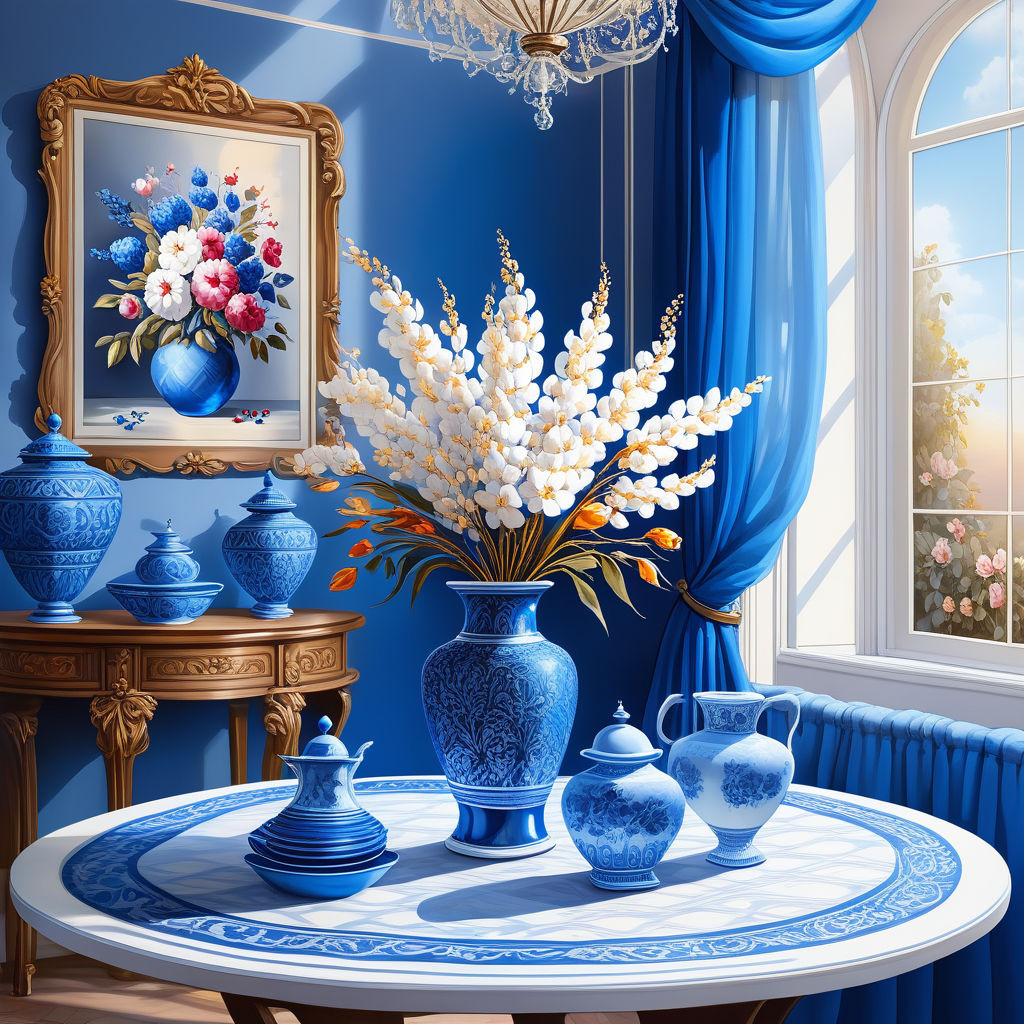 a beautiful interior in white and blue tones in a blue cagea round table with a beautiful tableclot 