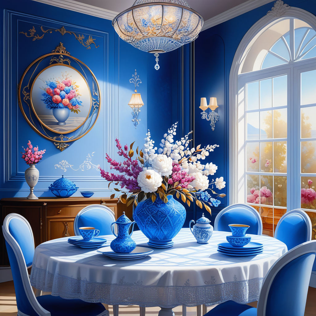 a beautiful interior in white and blue tones in a blue cagea round table with a beautiful tableclot 