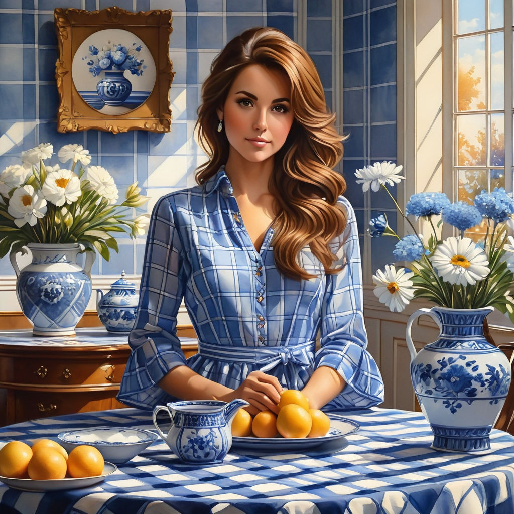 a beautiful woman in a blue and white plaid dress brown hair a beautiful interior in blue and whit (