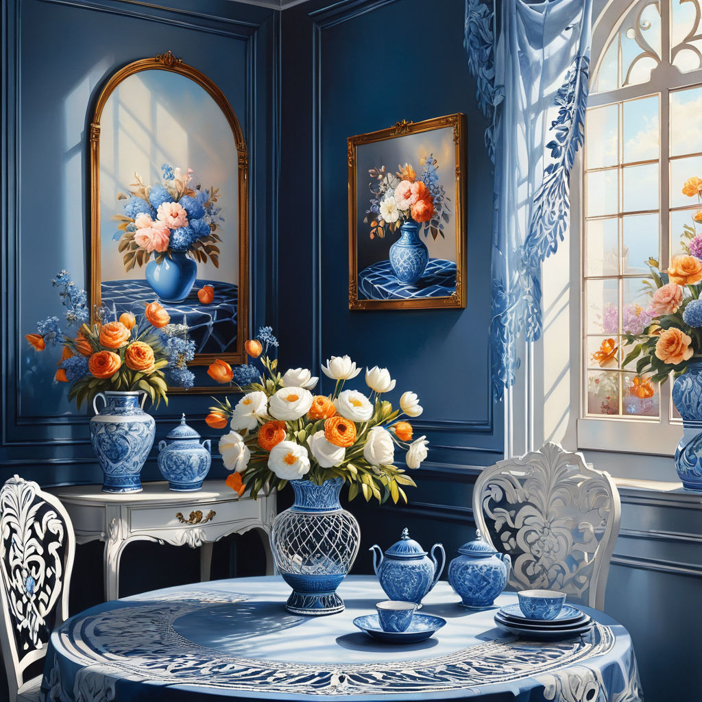a beautiful interior in white and blue tones in a blue cagea round table with a beautiful tableclot 