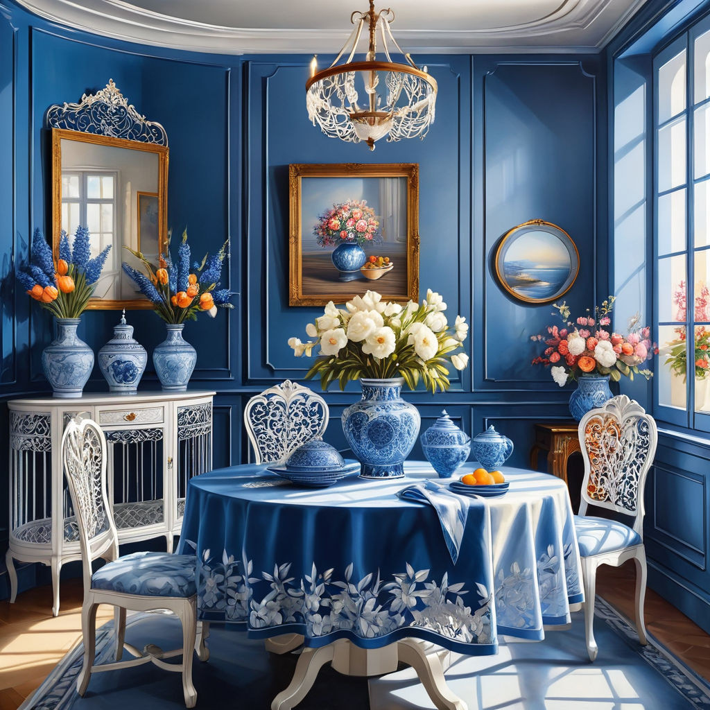 a beautiful interior in white and blue tones in a blue cagea round table with a beautiful tableclot 