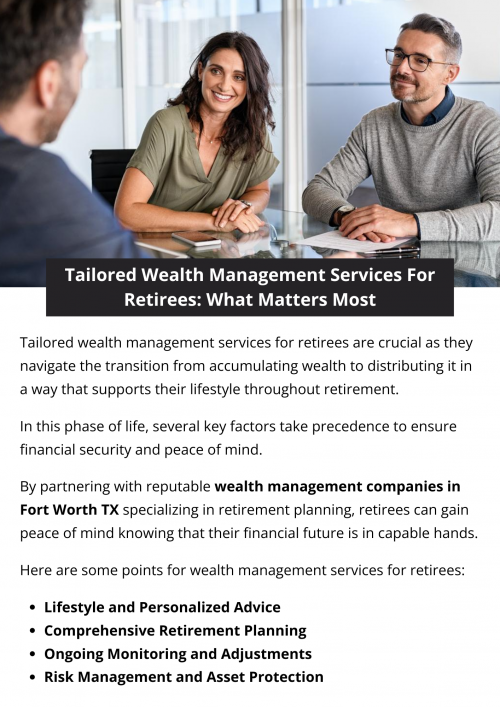 Tailored wealth management services for retirees prioritize preserving capital, generating stable income, and managing risk. With a focus on retirement goals, these services offer personalized investment strategies, tax-efficient planning, and estate management to ensure financial security and peace of mind throughout retirement. To know more visit here https://www.alignedwealthadv.com/