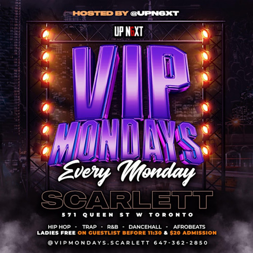 Scarlett is organizing VIP Mondays |Hip Hop, Dancehall, R&B, & Afrobeats | $10 Entry event by Scarlett on 2024–05–13 10 PM in Canada, we are selling the tickets for VIP Mondays |Hip Hop, Dancehall, R&B, & Afrobeats | $10 Entry. https://www.ticketgateway.com/event/view/vip-monday--hip-hop--dancehall--r-b----afrobeat-----10-entry
