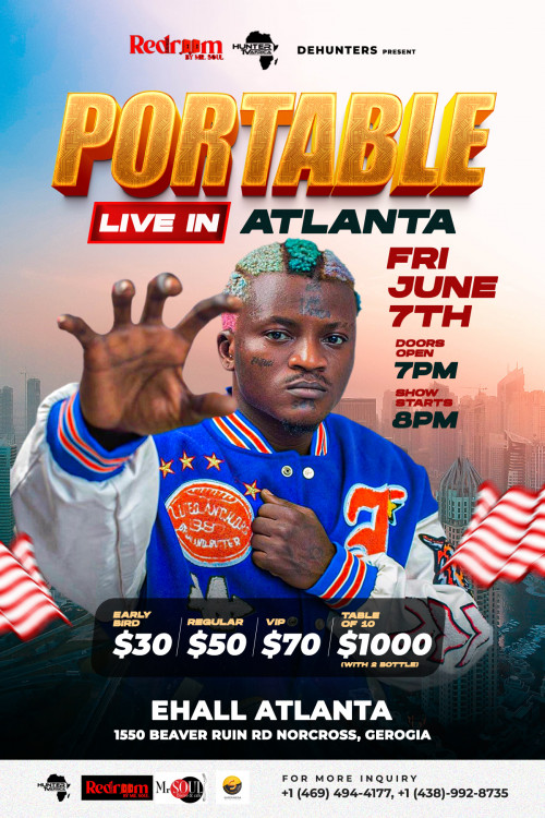 HUNTER TV AFRICA is organizing PORTABLE LIVE IN ATLANTA event by HUNTER TV AFRICA on 2024–06–07 08 PM in Canada, we are selling the tickets for PORTABLE LIVE IN ATLANTA. https://www.ticketgateway.com/event/view/portable-live-in-atlanta