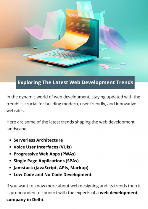 The latest web development trends include the rise of Progressive Web Apps (PWAs) for enhanced user experiences, Single Page Applications (SPAs) for smoother navigation, serverless architecture for scalability, Jamstack for improved performance, Voice User Interfaces (VUIs) for hands-free interaction, Motion UI for engaging animations, Web Accessibility for inclusivity, and Low-Code/No-Code Development for simplified app creation. To know more visit here https://singhimarketingsolutions.com/website-development-services/delhi/