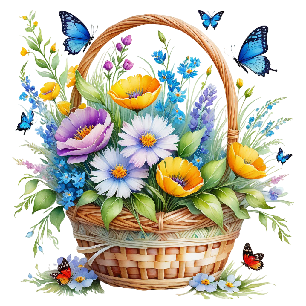 a wicker basket with wildflowers on a white background inspired by the works of louis royo waterco (