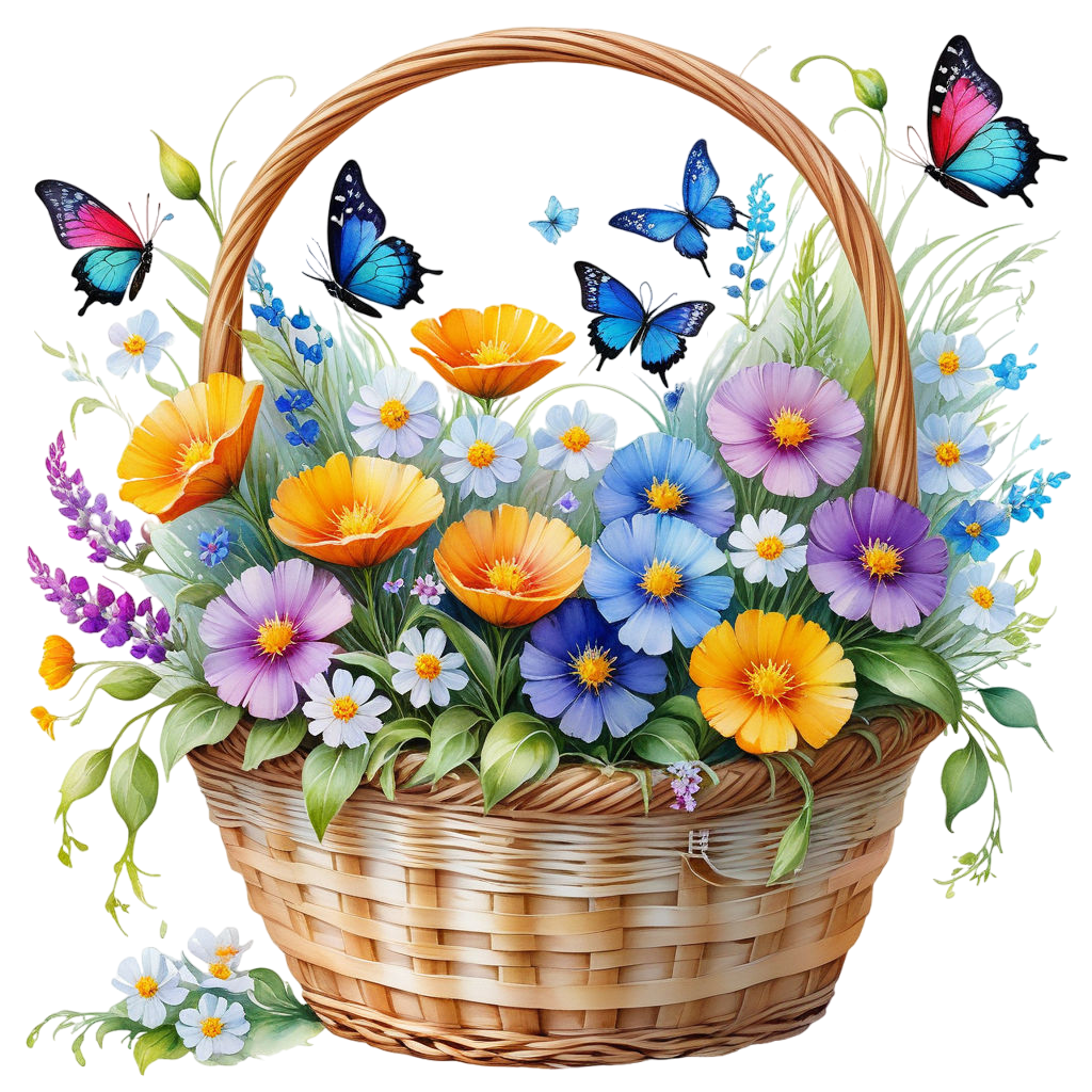 a wicker basket with wildflowers on a white background inspired by the works of louis royo waterco (