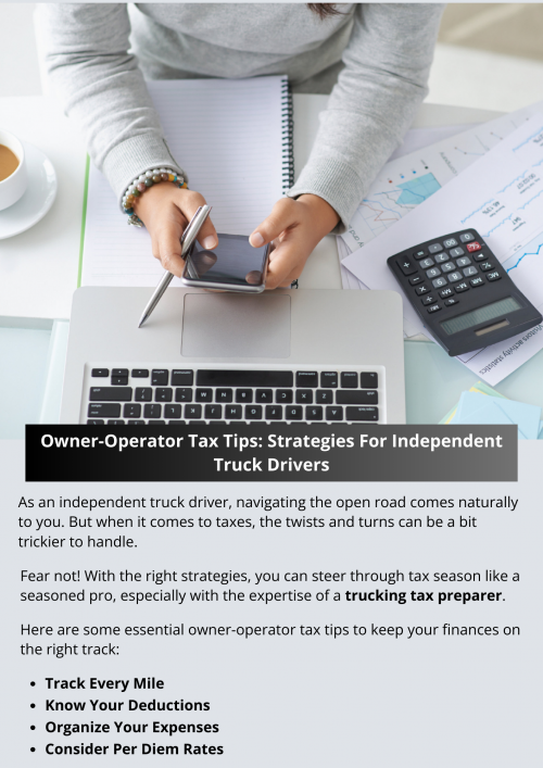 By implementing owner-operator tax tips, you can navigate the complexities of the tax code with confidence. Remember, staying organized, knowing your deductions, and planning ahead are the keys to minimizing your tax burden and maximizing your earnings as an independent truck driver. So rev up your engines and drive toward a brighter financial future! To know more visit here https://www.truckersprocpa.ca/trucking-tax-planning-preparation-services
