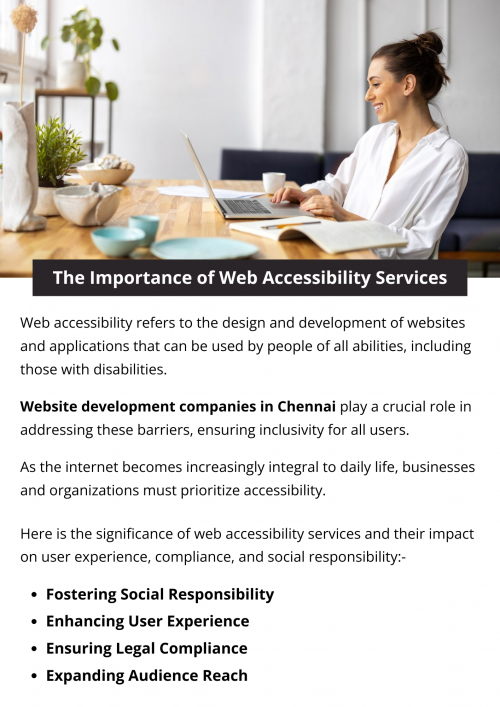 Web accessibility services play a crucial role in ensuring that digital content is inclusive and accessible to all users, regardless of their abilities or disabilities. As the internet becomes increasingly integral to daily life, businesses and organizations must prioritize accessibility to comply with regulations, reach a broader audience, and foster a more inclusive online environment. To know more visit here https://singhimarketingsolutions.com/website-development-services/chennai/