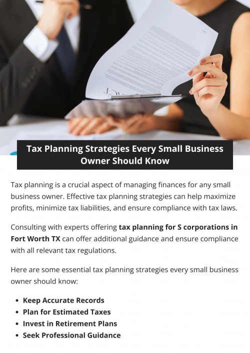 Tax planning is a crucial aspect of managing finances for any small business owner. Effective tax planning strategies can help maximize profits, minimize tax liabilities, and ensure compliance with tax laws. By keeping accurate records, choosing the right business structure, maximizing deductions and credits, and staying informed about tax law changes, business owners can develop comprehensive tax strategies that support long-term success. To know more visit here https://www.alignedwealthadv.com/tax-planning-fort-worth-tx