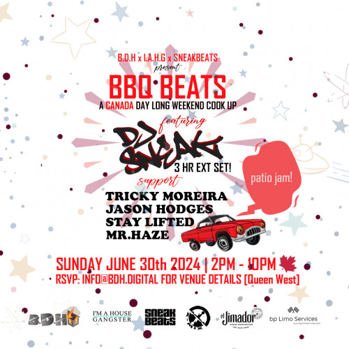 BDH Productions is organizing B.D.H x I.A.H.G x SNEAKBEATS present BBQ BEATS event by BDH Productions on 2024–06–30 02 PM in Canada, we are selling the tickets for B.D.H x I.A.H.G x SNEAKBEATS present BBQ BEATS. https://www.ticketgateway.com/event/view/bdh-x-sneakbeats