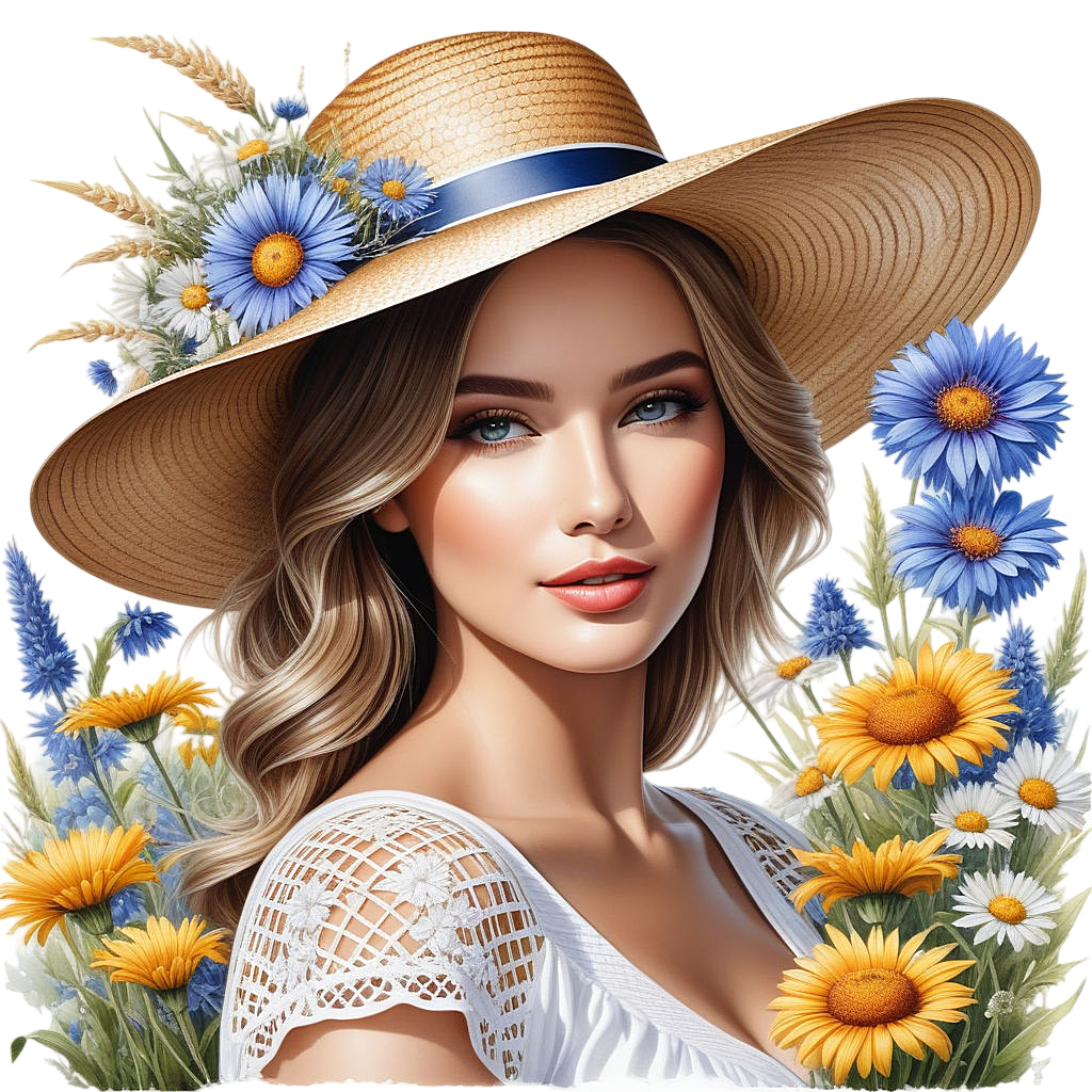 on a white background a wide brimmed straw hat framed by wildflowers daisies and cornflowers hype (2