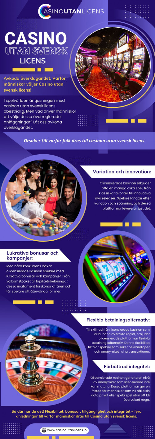 Med den ökande populariteten för onlinespel, utforskar spelare ofta Casino utan svensk licens av olika anledningar. Dessa offshore casinon erbjuder unika fördelar och nackdelar jämfört med licensierade svenska casinon.

Officiell hemsida: https://www.casinoutanlicens.io

Vår profil: https://gifyu.com/casinoutanlicens

Nästa Info-Graphics: https://tinyurl.com/29v9gaqj