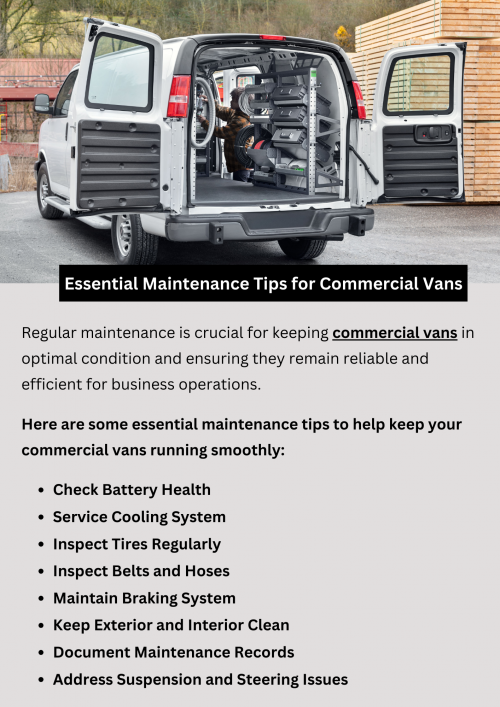 Keep your commercial van in top condition with these essential maintenance tips. Regularly check fluid levels, tires, and brakes to ensure safe operation. Schedule routine inspections and address any issues promptly to prevent breakdowns. Clean the interior and exterior regularly to maintain a professional appearance. Invest in quality parts and accessories for longevity. By staying proactive with maintenance, you can keep your commercial van running smoothly and reliably for years to come. To know more visit here https://commercialvansolutions.com/
