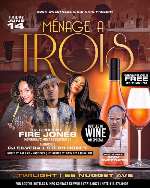 DJ Soca Sweetness & Big Nate is organizing MÉNAGE A TROIS event by DJ Soca Sweetness & Big Nate on 2024–06–14 10 PM in Canada, we are selling the tickets for MÉNAGE A TROIS. https://www.ticketgateway.com/event/view/menage-a-trois3