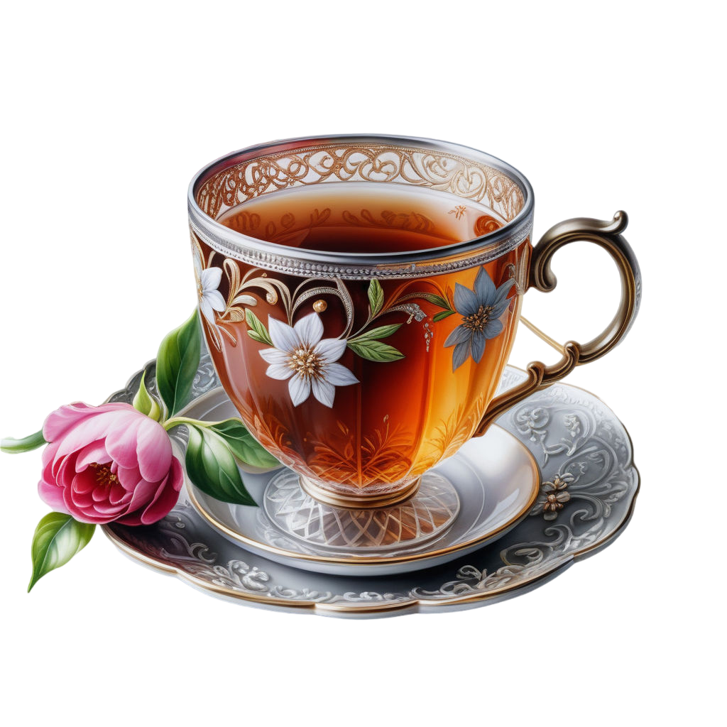 there is a beautiful mug of tea on a white background and a delicate flower lies next to it hyperr (
