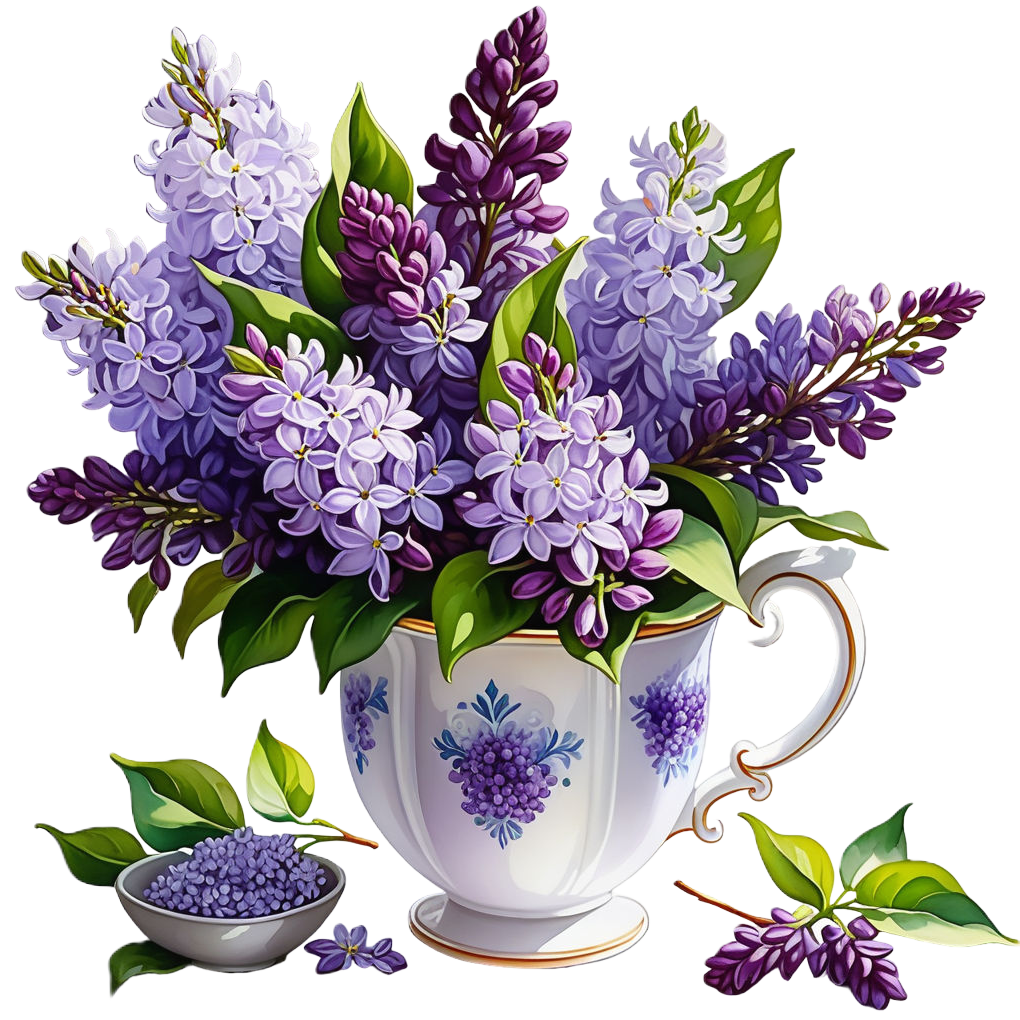 a beautiful little bouquet of lilacs in a beautiful mug in white and purple tones white background (