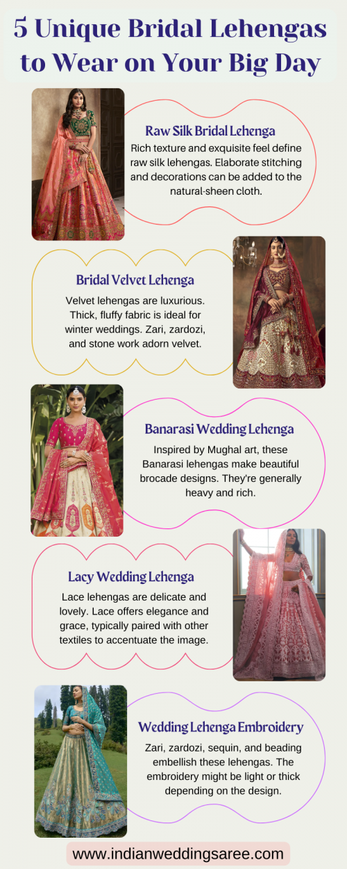 Not many fashion attires can match the elegance and noble charm of a Bridal Lehenga. Embroidered with the most pristine threads and gems, an Indian Bridal Lehenga is epitome of class and finesse. At Indian Wedding Saree Online Store, a bridal Lehenga is exclusively designed for one special girl awaiting her D-day. Tread the precious moments and celebrate your last few hours of singlehood with bridal Lehenga that blend in the nonchalance of a girl and the panache of a married woman. All in all, a superior fashion attire for every bride-to-be. Buy Now @ https://www.indianweddingsaree.com/lehenga/bridal