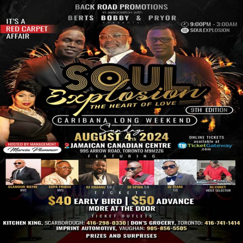 Back Road Promotions is organizing Soul Explosion The Heart Of Love 9th Edition | Caribana Long Weekend event by Back Road Promotions on 2024–08–04 10 PM in Canada, we are selling the tickets for Soul Explosion The Heart Of Love 9th Edition | Caribana Long Weekend. https://www.ticketgateway.com/event/view/soul-explosion-the-heart-of-love-9th-edition---caribana-long-weekend2024