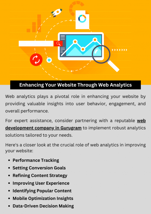 Enhancing your website through web analytics involves leveraging data insights to optimize performance and user experience. By analyzing metrics like traffic sources, user behavior, and conversion rates, businesses can make informed decisions to improve content, navigation, and marketing strategies. This proactive approach ensures your website meets visitor expectations, drives engagement, and achieves business objectives effectively. To know more visit here https://singhimarketingsolutions.com/website-development-services/gurugram/