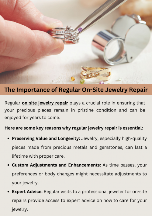 Regular on-site jewelry repair is crucial for maintaining the integrity and beauty of your precious pieces. It allows for timely fixes of loose stones, broken clasps, or worn-out settings, preventing further damage. On-site services ensure quick turnaround and personalized attention to detail, preserving sentimental and financial value. By addressing issues promptly, regular jewelry repair extends longevity and ensures pieces continue to sparkle for years to come. To know more visit here https://www.futerbrosjewelers.com/services/jewelry-repairs