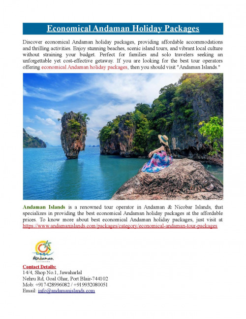 Andaman Islands is a renowned tour operator in Andaman & Nicobar Islands, that specializes in providing the best economical Andaman holiday packages at the affordable prices. To know more about best economical Andaman holiday packages, just visit https://www.andamanislands.com/packages/category/economical-andaman-tour-packages