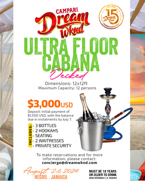 Dream Wknd is organizing PREMIUM CABANA (DECKED) X 12 Persons event by Dream Wknd on 2024–08–02 09 AM in Jamaica, we are selling the tickets for PREMIUM CABANA (DECKED) X 12 Persons. https://www.ticketgateway.com/event/view/premiumcabanad
