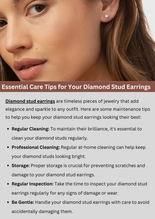 To keep your diamond stud earrings looking their best, regularly clean them with a soft brush and mild soapy water. Store them separately from other jewelry to prevent scratches, and have them inspected and professionally cleaned by a jeweler annually. Avoid exposing them to harsh chemicals or abrasive materials to maintain their brilliance and shine for years to come. To know more visit here https://www.futerbrosjewelers.com/jewelry/earrings/diamond-earrings