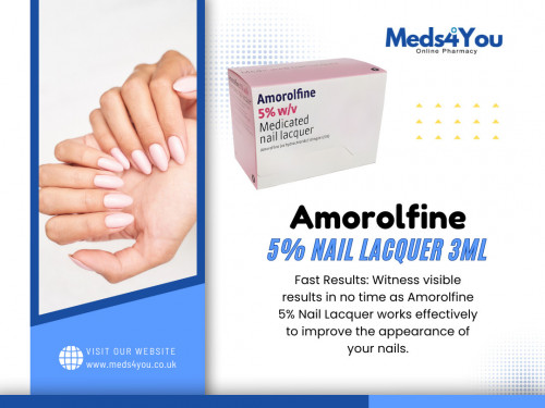 Amorolfine 5% nail lacquer is a topical medication used to treat nail fungal infections. It belongs to a class of drugs known as antifungals, which stop fungi growth.  Amorolfine 5% Nail Lacquer 3ml is particularly effective against various fungi, including dermatophytes, yeasts, and molds that cause nail infections.

Official Website: https://www.meds4you.co.uk/

Visit for More Information About: https://www.meds4you.co.uk/products/amorolfine-5-nail-lacquer-3ml

Address: 114-116 High Street, Coleshill, Birmingham B46 3BJ, United Kingdom
Phone: +44 333 577 5567

Our Profile: https://gifyu.com/meds4you

More Photos:

https://is.gd/j2lLP4
https://is.gd/T5s08E
https://is.gd/osPmp8
https://is.gd/IIcnAU