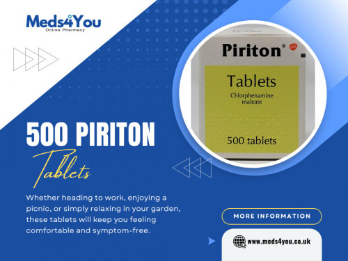 Hay fever and allergic reactions can significantly impact the quality of life, causing symptoms such as sneezing, itching, watery eyes, and nasal congestion. 500 Piriton tablets offer effective relief and management for individuals suffering from these allergies, allowing them to function more comfortably and enjoy daily activities without the burden of persistent symptoms. 

Official Website: https://www.meds4you.co.uk/

Visit for More Information About: https://www.meds4you.co.uk/products/piriton-hayfever-relief-4mg-tablets-500-tablets

Address: 114-116 High Street, Coleshill, Birmingham B46 3BJ, United Kingdom
Phone: +44 333 577 5567

Our Profile: https://gifyu.com/meds4you

More Photos:

https://is.gd/T5s08E
https://is.gd/osPmp8
https://is.gd/IIcnAU
https://is.gd/6StnTX