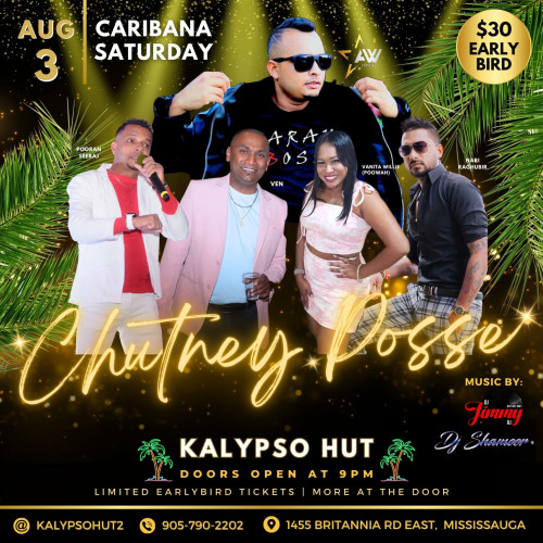 Hut 2 Ent. is organizing CHUTNEY POSSE event by Hut 2 Ent. 2024–08–03  10 PM in Canada, we are selling the tickets for CHUTNEY POSSE. https://www.ticketgateway.com/event/view/chutney-posse
